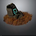 Stone Structure With Glowing Blue Geometric Symbol Surrounded by Brown Grass