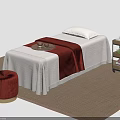 Comfortable Massage Bed With White Sheet Red Blanket Red Round Stool And Multi tier Cart