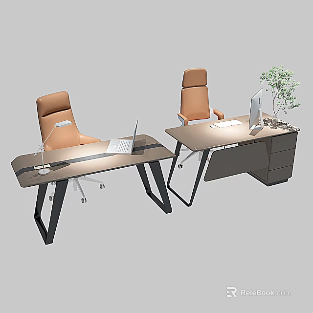 Modern Office Interior With Desks Laptop Table Lamp Orange Chairs Drawer Cabinet And Green Plant 3d model 