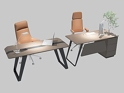 Modern Office Interior With Desks Laptop Table Lamp Orange Chairs Drawer Cabinet And Green Plant 3d model