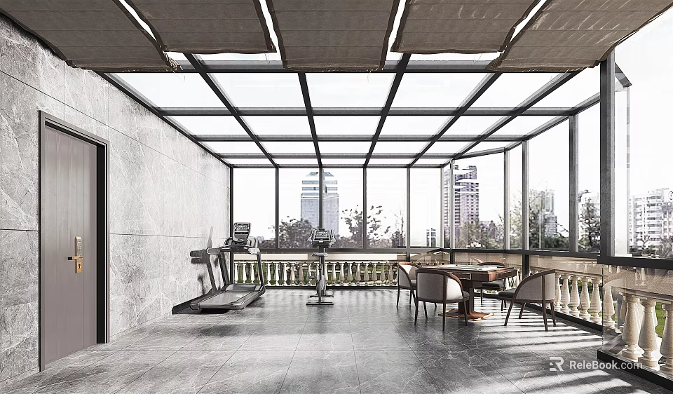 Home Balcony With Glass Roof Open Space City View Fitness Equipment And Seating Area 3d model 