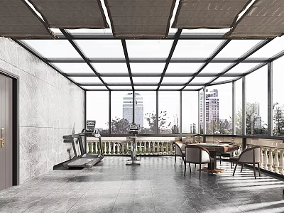 Home Balcony With Glass Roof Open Space City View Fitness Equipment And Seating Area 3d model