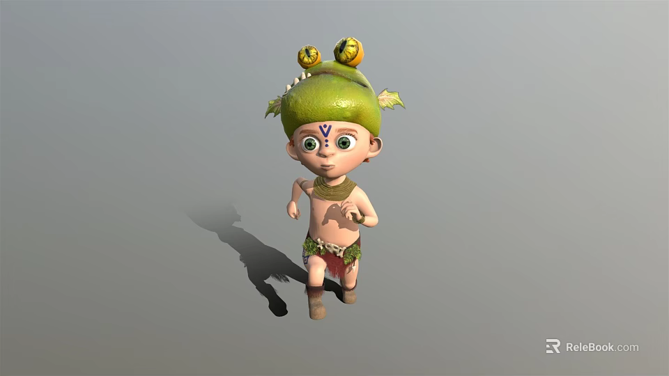 Fantasy Child Character With Green Headdress Yellow Decorations And Leaf Details Running 3d model 