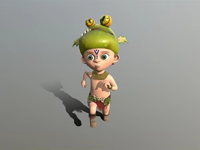 Fantasy Child Character With Green Headdress Yellow Decorations And Leaf Details Running 3d model