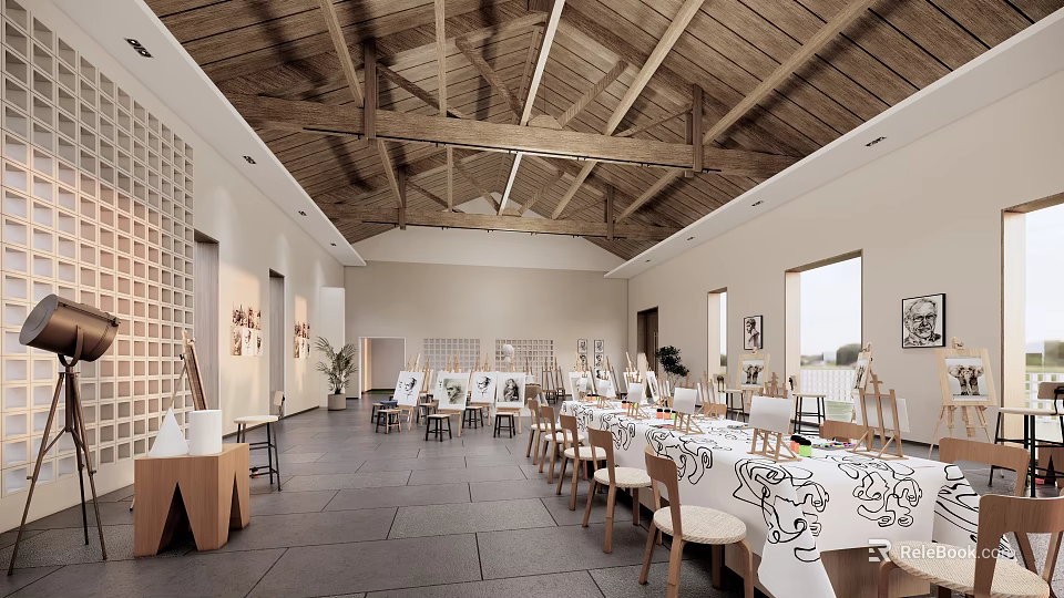 School Art Studio Interior With Wooden Ceiling Tables White Tablecloths Easels And Windows 3d model 