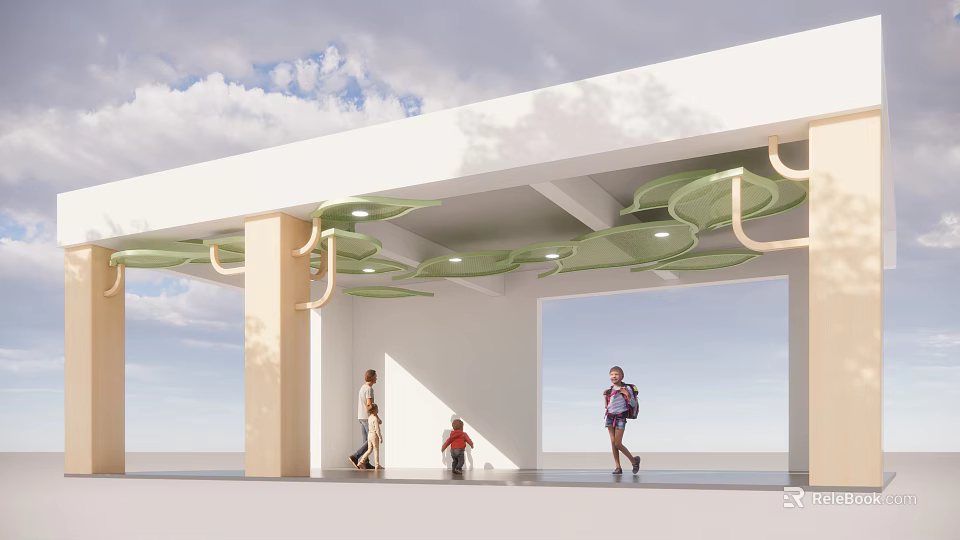 Modern Ceiling Design With Green Circular Transparent Decorations And People Walking Underneath 3d model 