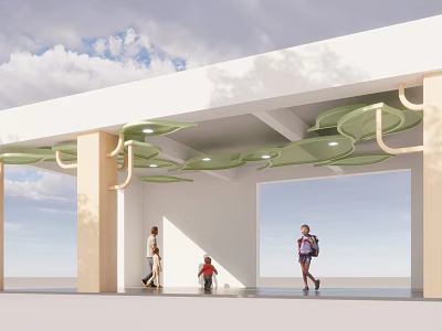 Modern Ceiling Design With Green Circular Transparent Decorations And People Walking Underneath 3d model