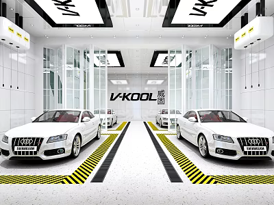 4S Shop Interior Featuring White Audi Cars Yellow Black Striped Floors Lights And V-KOOL Logo 3d model