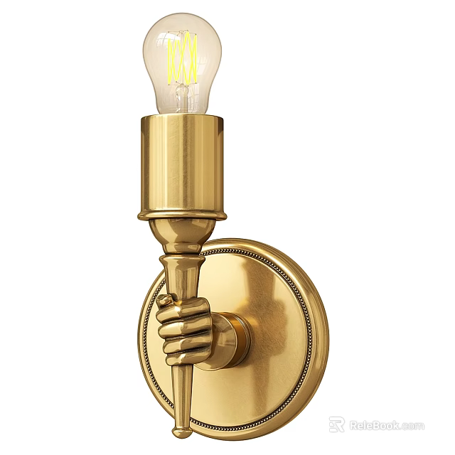 Brass Wall Sconce with Hand Shaped Base and Illuminated Clear Bulb 3d model 