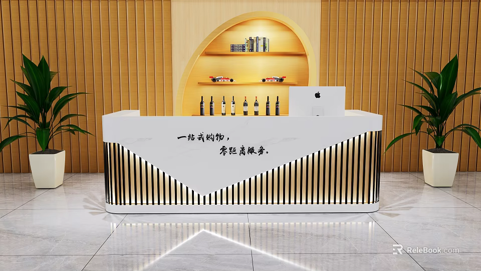 Modern Elegant Reception Desk Design with White Countertop Gold Vertical Stripes and Arched Wooden Backdrop 3d model 