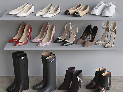 Various Women's Shoes Collection With High Heels Sneakers And Boots On Shelves 3d model