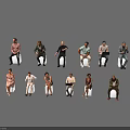 Group of People Sitting on Chairs with Various Poses Different Clothing Styles Against Gray Background