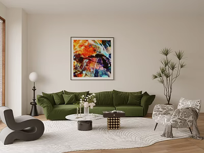 Modern Green Sofa and Coffee Table Set with Colorful Abstract Painting Potted Plant and Rug 3d model