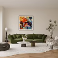 Modern Green Sofa and Coffee Table Set with Colorful Abstract Painting Potted Plant and Rug