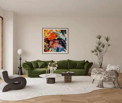 Modern Green Sofa and Coffee Table Set with Colorful Abstract Painting Potted Plant and Rug 3d model
