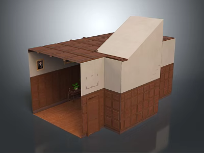 Warm Indoor Scene With Brown Walls Wooden Floor White Roof Section Painting And Plant 3d model