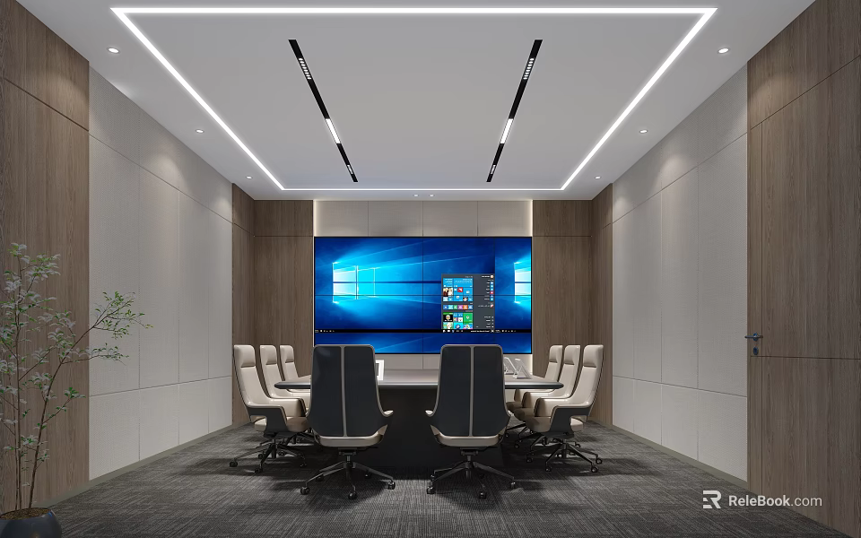 Modern Conference Room Interior Design With Large Blue Screen Surrounding Chairs And Modern Lighting 3d model 