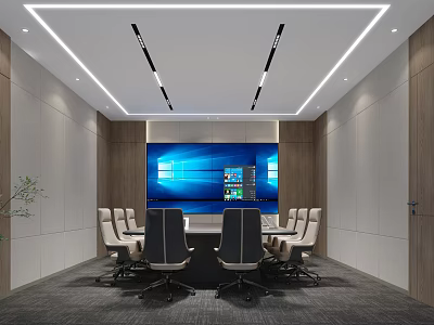 Modern Conference Room Interior Design With Large Blue Screen Surrounding Chairs And Modern Lighting 3d model