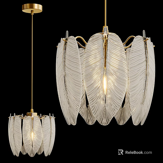 Glass Leaf Design Chandelier with Gold Metal Frame and Illuminated Light Elements 3d model 