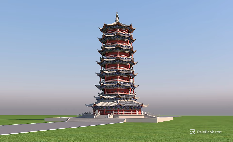 Traditional Chinese Pagoda Multiple Tiers Ornate Eaves Red Gray Green Lawn Square Blue Sky Background 3d model 