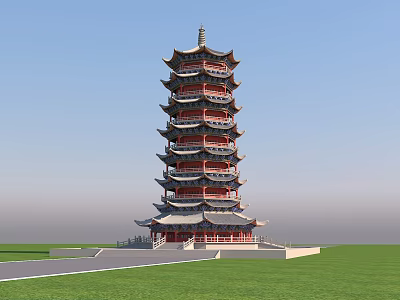 Traditional Chinese Pagoda Multiple Tiers Ornate Eaves Red Gray Green Lawn Square Blue Sky Background 3d model