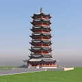Traditional Chinese Pagoda Multiple Tiers Ornate Eaves Red Gray Green Lawn Square Blue Sky Background