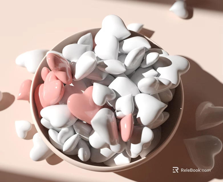 White And Pink Heart Shaped Landscape Sculptures In Bowl With Scattered Pieces On Light Background 3d model 