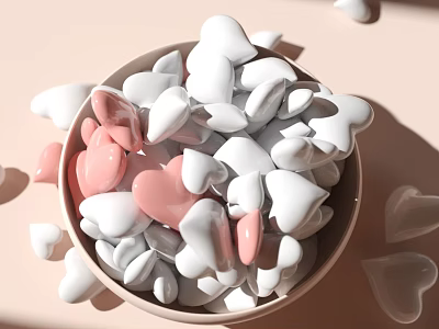 White And Pink Heart Shaped Landscape Sculptures In Bowl With Scattered Pieces On Light Background 3d model