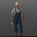 Man in White Hard Hat and Blue Overalls Holding Drill in Gray T-shirt