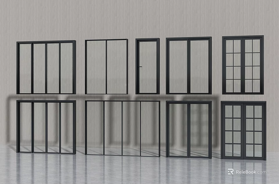 Various Modern Sliding Doors With Glass Panels And Black Frames For Interior Use 3d model