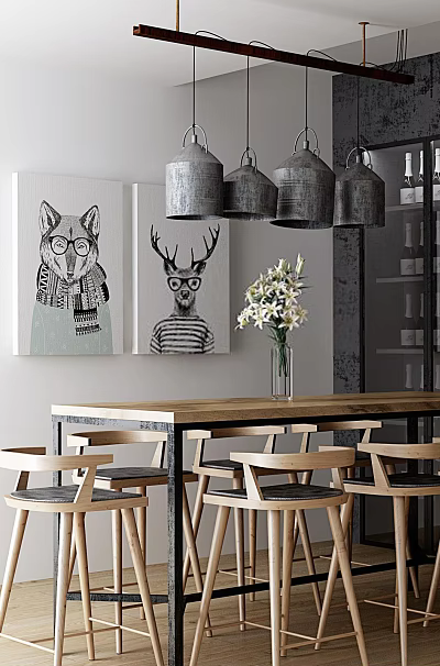 Modern Industrial Dining Table Set With Wooden Chairs Animal Paintings And Metal Pendant Lights 3d model