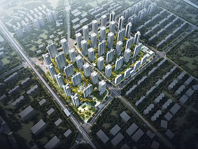Residential Community Aerial View Planning With High Rise Buildings Green Spaces And Road Network 3d model