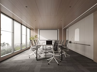 Modern Meeting Room With Large Windows Projection Screen Conference Table Chairs Whiteboard And Plants 3d model