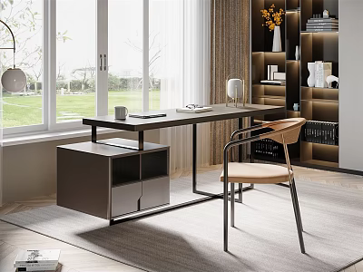 Modern Minimalist Desk Interior With Window View Wooden Chair And Bookshelf Vase Books 3d model