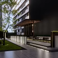 Modern Commercial Landscape With Courtyard Water Feature Green Plants And Lighting