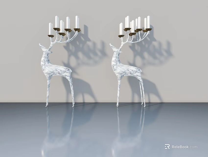 Elegant White Deer Shaped Candelabra With Multiple Candles On Smooth Reflective Floor 3d model 