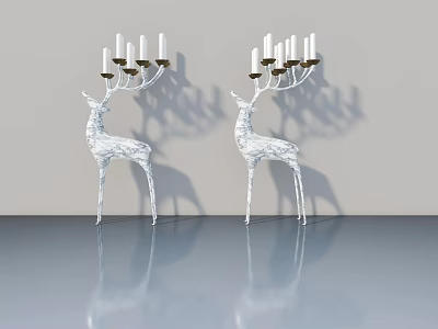 Elegant White Deer Shaped Candelabra With Multiple Candles On Smooth Reflective Floor 3d model