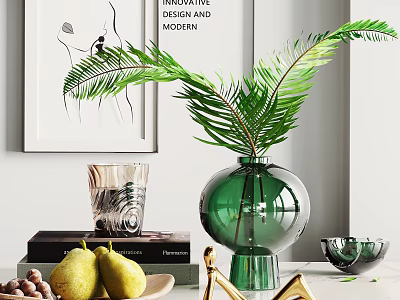 Tabletop Decorative Ornament Set With Green Vase Fern Plant Glass Cup Books Pears And Golden Decor 3d model