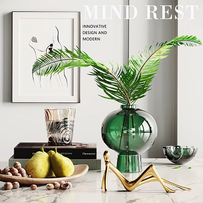 Tabletop Decorative Ornament Set With Green Vase Fern Plant Glass Cup Books Pears And Golden Decor 3d model