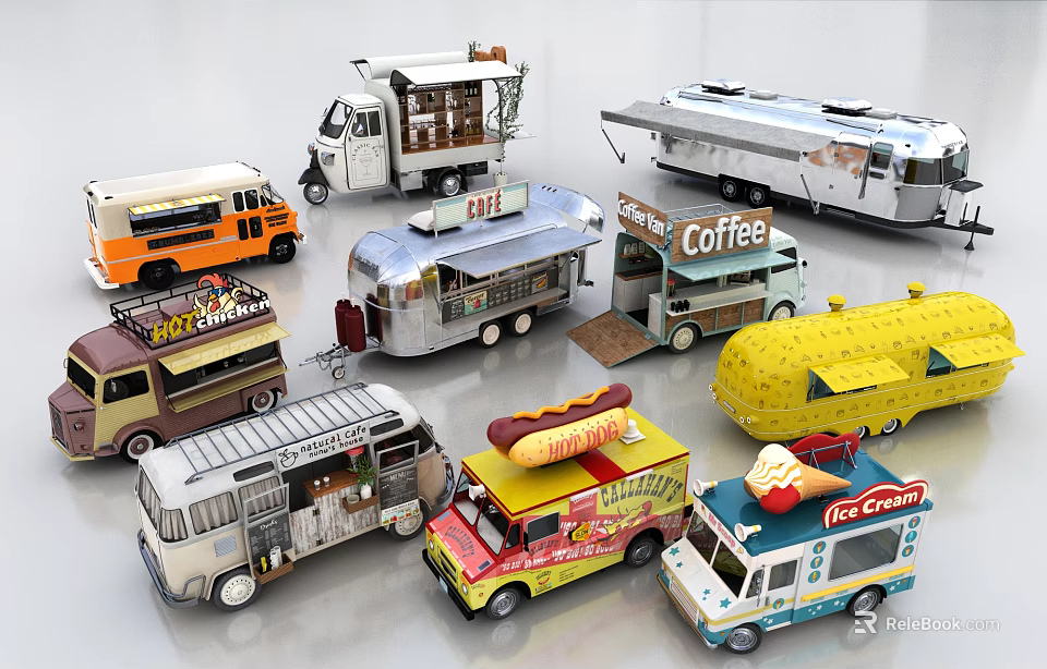 Assorted Food Truck Models Featuring Coffee Hot Dog And Ice Cream Services 3d model 
