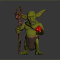 3D Fantasy Goblin Character With Green Skin Holding Trident Staff And Red Object