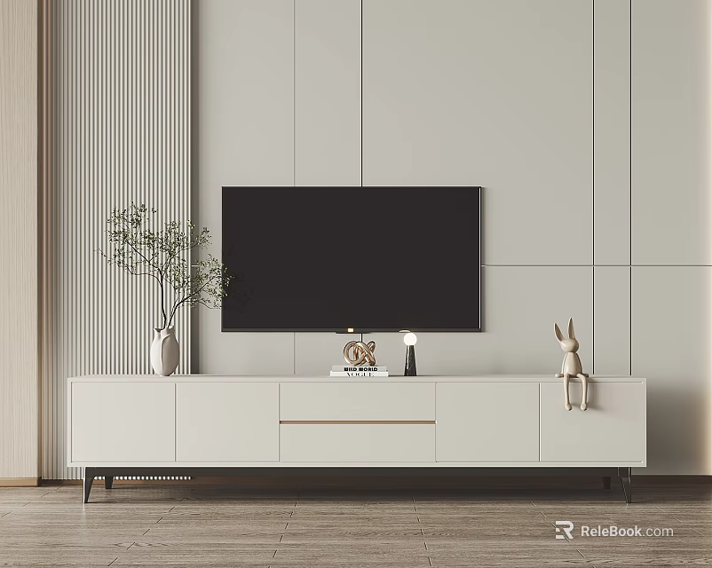 Modern White TV Stand with Decorative Vase Plant and Rabbit Figurine in Living Room 3d model 