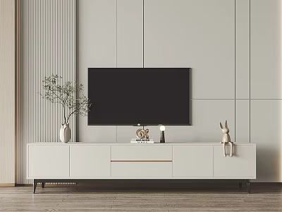 Modern White TV Stand with Decorative Vase Plant and Rabbit Figurine in Living Room 3d model