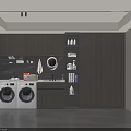 Modern Laundry Room With Twin Washing Machines Wooden Cabinets And Storage Shelves