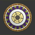 Decorative Round Shield Weapon Featuring Gold Purple Yellow Floral Patterns Ornate Border And Central Design