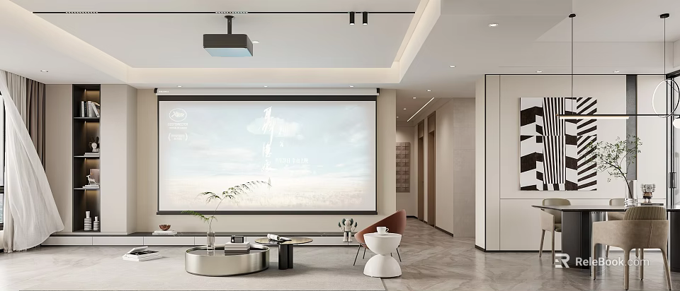 Modern Minimalist Dining Living Room Interior With Large Screen Projection And Scenic View Decor 3d model 