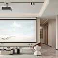 Modern Minimalist Dining Living Room Interior With Large Screen Projection And Scenic View Decor