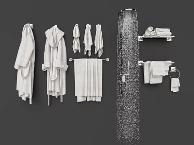 Soft Cotton Bath Towels And Robes Hanging On Bathroom Racks With Shower 3d model