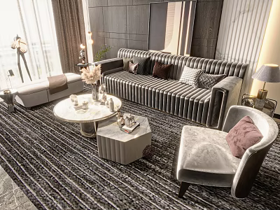 Modern Luxury Striped Sofa and Coffee Table Set with Round Table Armchair and Decorative Items 3d model