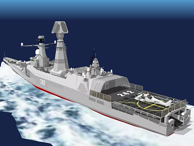 Modern Warship Sailing At Sea With Radar System And Helicopter Deck 3d model